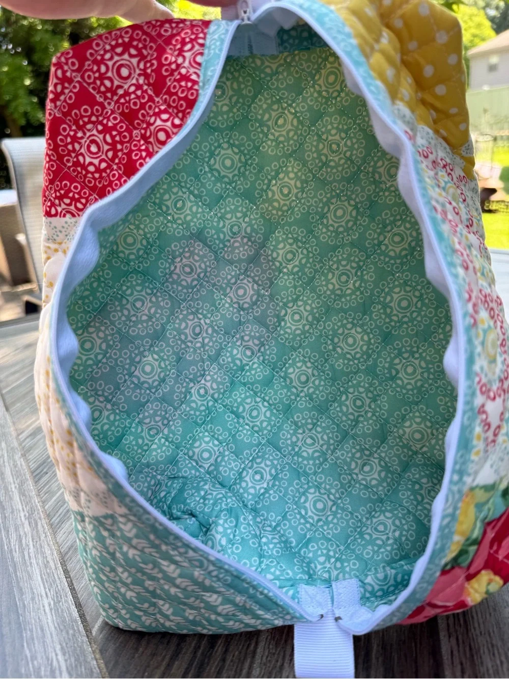 Hand Crafted Quilted Patchwork Zipper Pouch in Aqua, Red, Yellow Cosmetic Bag